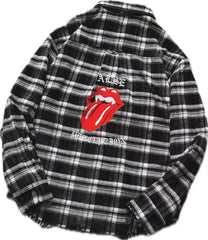FALSE PERCEPTION Plaid Graphic Distressed Shirt