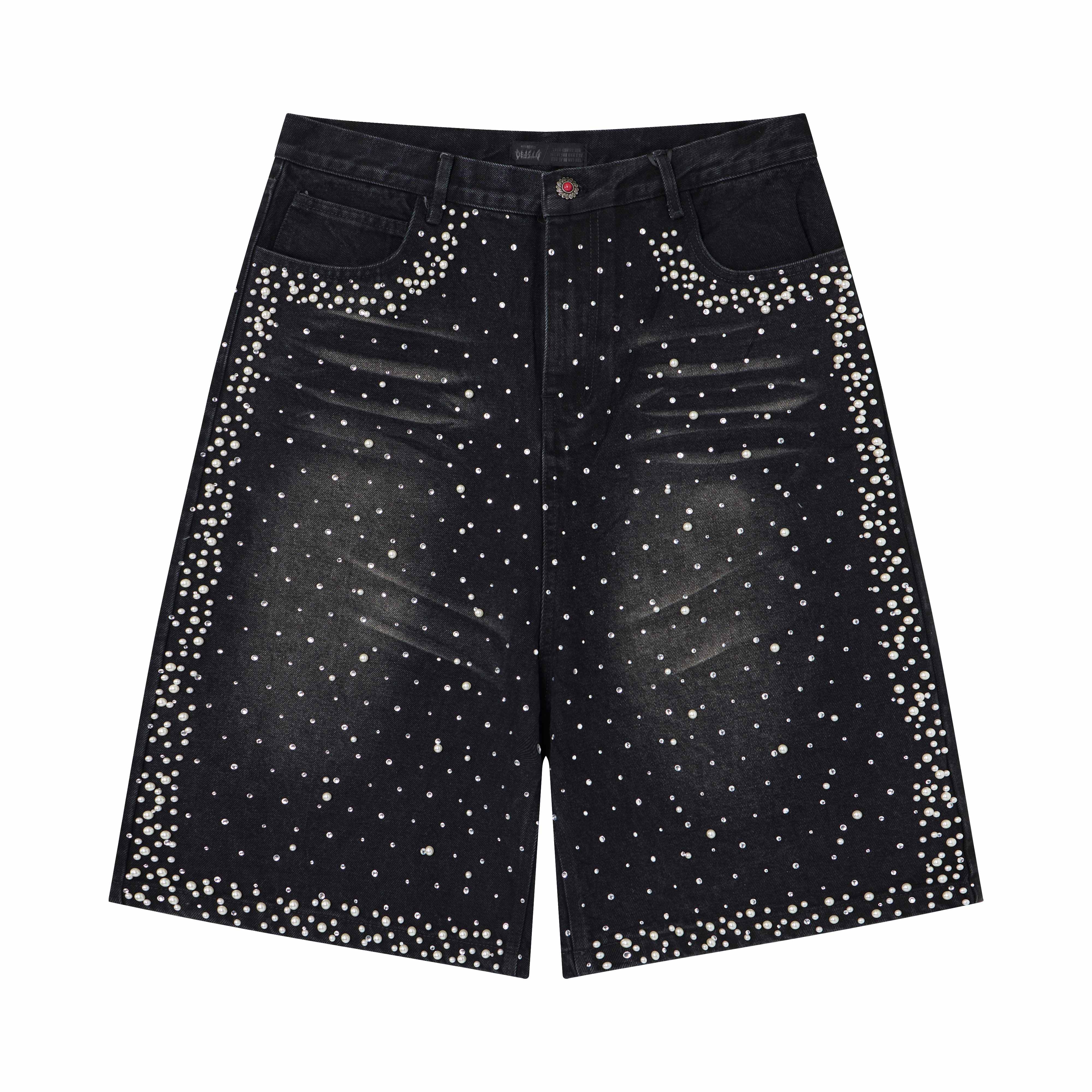 CapCabin Pearl Studded Denim Shorts
