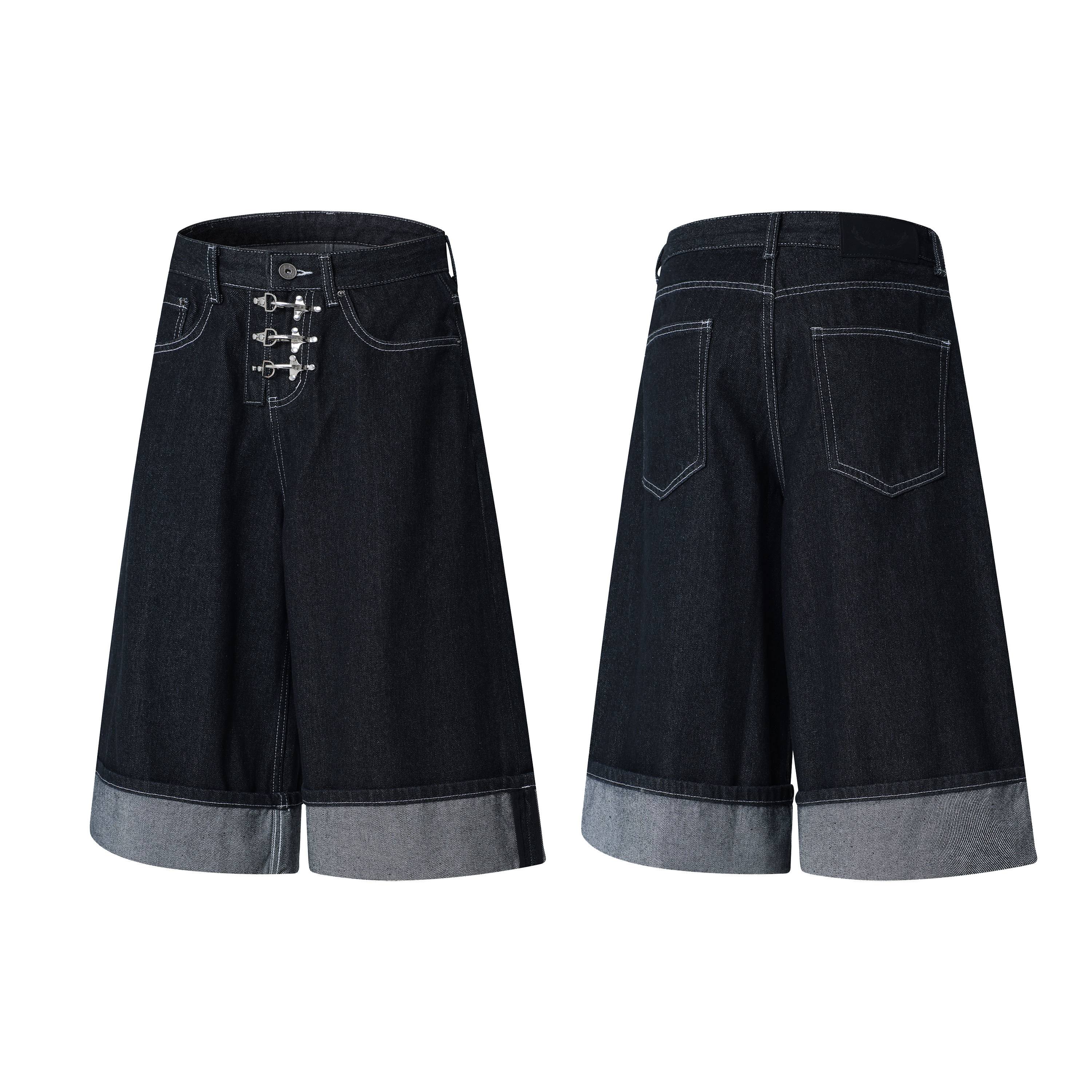 CapCabin Wide-Leg Buckle Denim Shorts