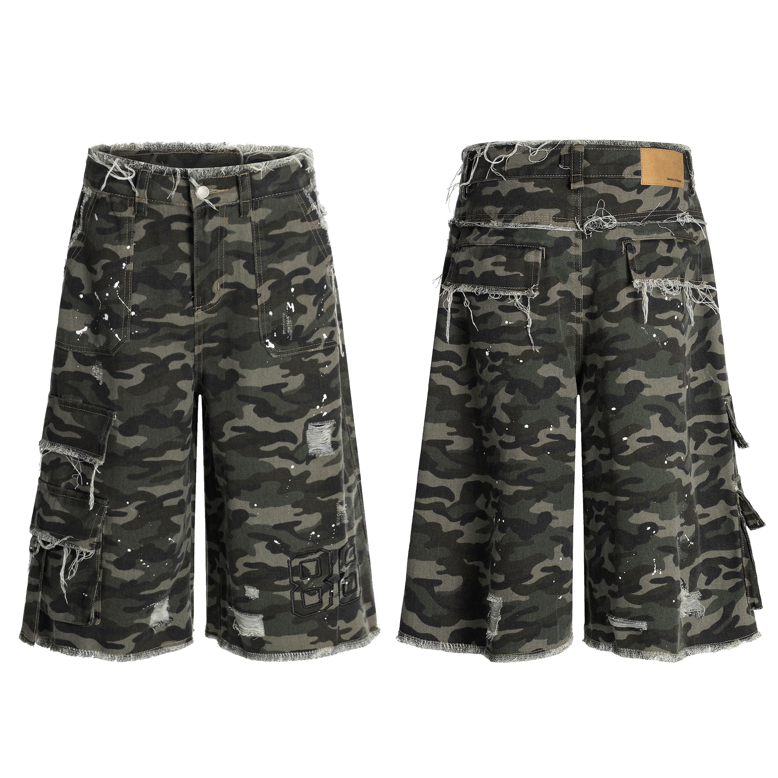 CapCabin Camo Distressed Utility Denim Shorts