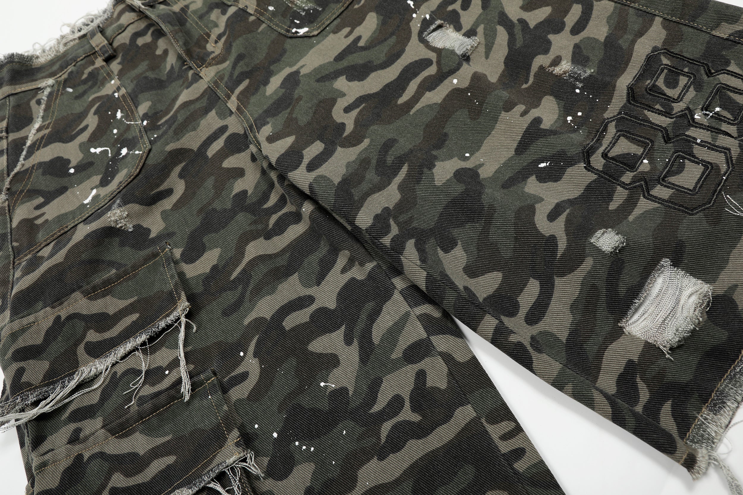 CapCabin Camo Distressed Utility Denim Shorts
